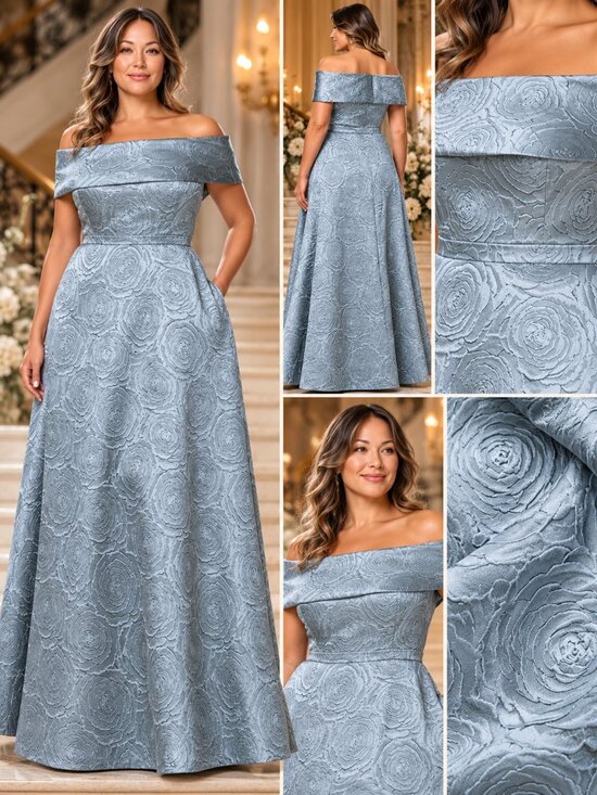 Xscape Dresses & Skirts - XSCAPE Size 18W Slate Blue Floral Jacquard Off Shoulder A-Line Formal Gown